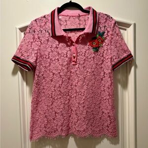 Pink Lace Polo Shirt with Floral Embroidery